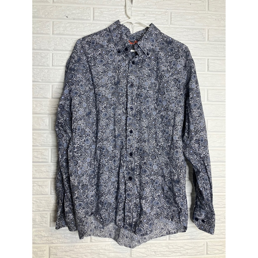 Alan Flusser Button Down Shirt Mens XL Blue Excellent Paisley Cotton Long Sleeve